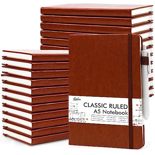 feela 24 Pack Journal Notebook for Work, Business Notebook Bulk Hardcover Lined Writing Journal with Pen Holder for Men Women Note Taking, with 24 Black Pens, 120 GSM, 5.1”x8.3”, A5, Brown