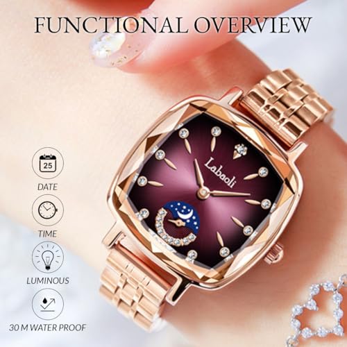 Image of LONGBO Labaoli Women Stainless Steel Watches Analog Rose Gold Band and Square Dial Women's Watch for Girls &Miss & Ladies Diamond Studded with Stylish Watches Waterproof | Gift for Wife | Gift for Sister
