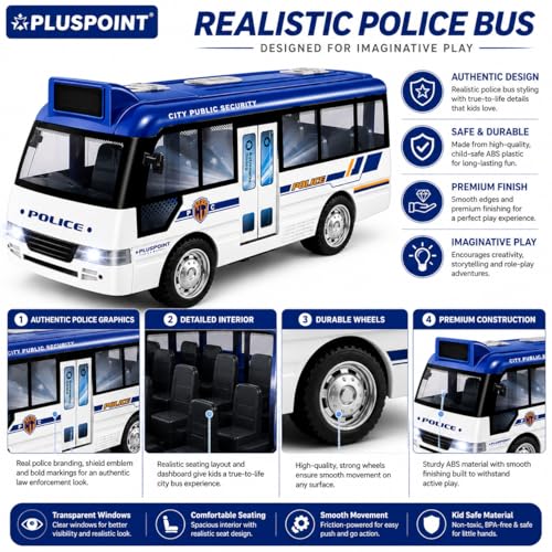 Image of PLUSPOINT Police Bus for Kids Friction Toy with Lights Sounds Push and Go Rescue with Door Open Simulation Toy Vehicle for Kids SWAT Bus Pretend Play Cop Toy for Boy Girl Toddlers
