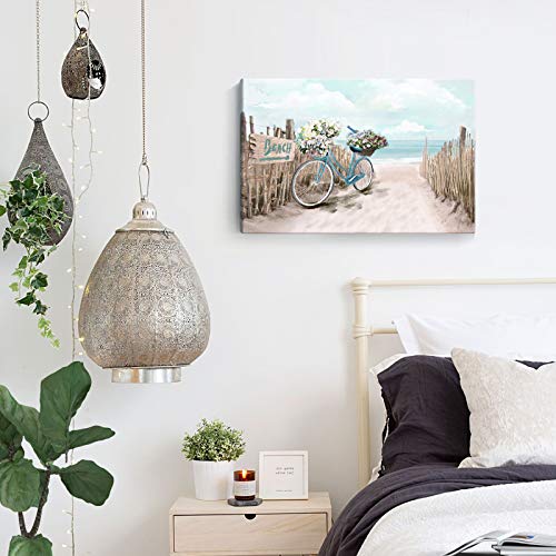 Ocean Wall Art For Bedroom Coastal Canvas Print Seascape Picture Framed Teal Aqua Sea Painting Shoreside Artwork For Bathroom Living Room Home Décor Beach Theme Decorations Turquoise 24X16Inch #TOP4