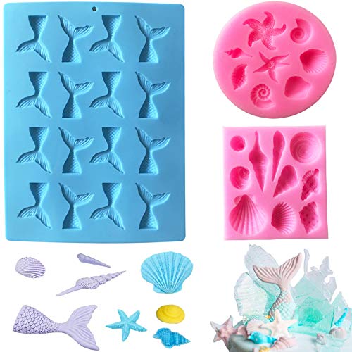 Vast 3 Piezas Moldes de Silicona para Fondant, molde de silicona sirena, molde para hornear de...