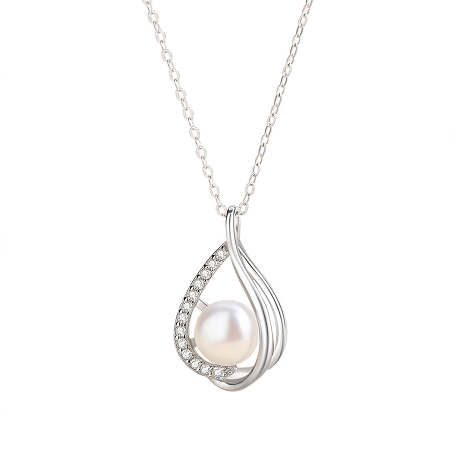 Collares de oro blanco para mujer, lágrima hueca de oro blanco de 9K/14K/18K con perla y colgante de moissanita, cadena Rolo: 40+5cm