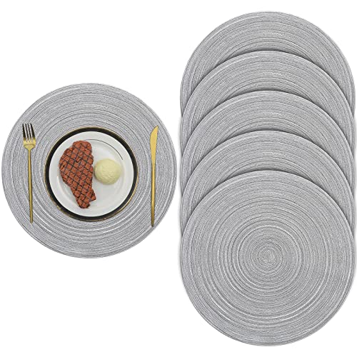 Pauwer Juego de 6 Manteles Individuales Redondos Trenzados, Algodón Antideslizante Salvamanteles Lavables, Alfombrillas de Comedor,Gris