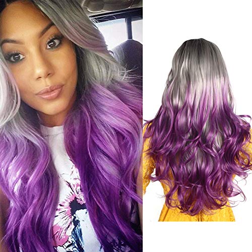 Upgrade Of Silver Grey purple 3 Tones Ombre Hair Wig For Women, Elegant Dark Roots Long Curly Wavy Wigs Colorful Cosplay Party Wig 24inches