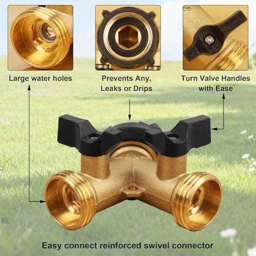 Biswing Garden Hose Splitter 2 Way, Heavy Duty Brass Connector Tap Splitter, Y Splitter 2 Valves with 2 Extra Rubber Washers - Image 3