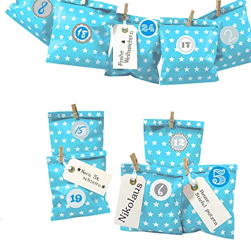 Frau WunderVoll® DIY Adventskalender zum Befüllen Bescherung: Set Stern 118, Papiertueten flach 13x16,5cm, beachblau Stern, Ziffern blau