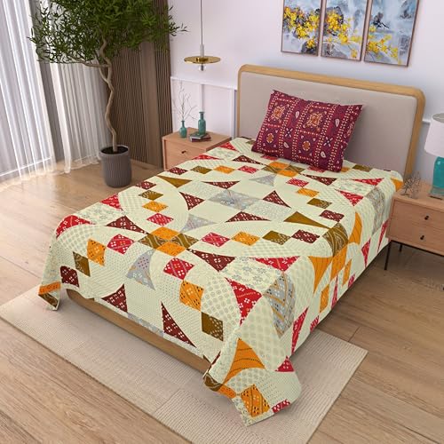 Image of 100% Cotton Single Bedsheet with 1 Pillow Cover | 240 TC Pure Cotton Flat Bed Sheet | Traditional Jaipuri Printed Bedding Set | Soft & Breathable | 60 x 90 Inch (Rangmahal Single 66)