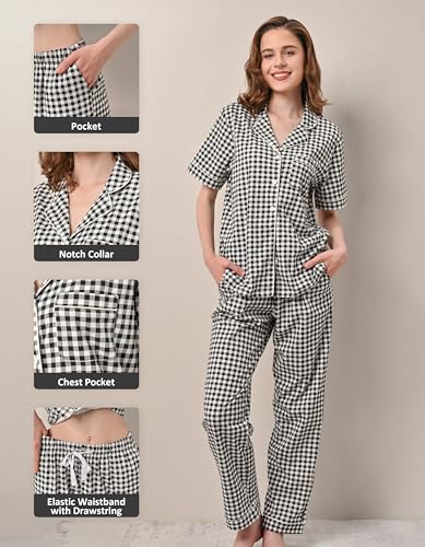 Image of NAP BOUND 100% Cotton Women Pajama Sets Button Down Short Sleeve Sleepwear Soft Pjs 2 Piece Lounge Set with Pocket XS-XXL