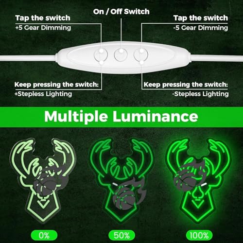 Image of Basketball Team Neon Sign, Sport Light Up Dimmable Milwaukee Basketball Team Logo Hanging USB Powered Led Neon Sign for Wall Decor, Bedroom, Man Cave, Party, Birthday Party Christmas Merch Deco Gift for Boys Teens Fans