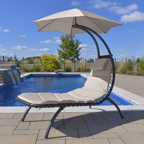 Image of Vivere Original Dream Lounger with 6-Point Umbrella - Durable Spun Polyester, Curved Legs, Spacious Lounging Bed, Perfect for Outdoors & Patio, 74 inch x 41 inch x 84 inch (Cast Silver)