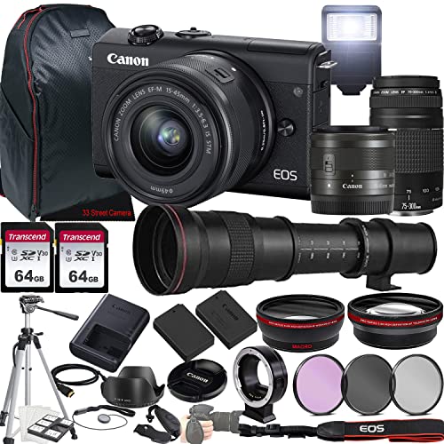 Canon EOS M200 Mirrorless Camera w/EF-M 15-45mm f/3.5-6.3 is STM Lens + EF 75-300mm f/4-5.6 III Lens + 420-800mm f/8.3 HD Lens + 2X 64GB Memory + Case + Filters + Tripod + More (35pc Bundle)