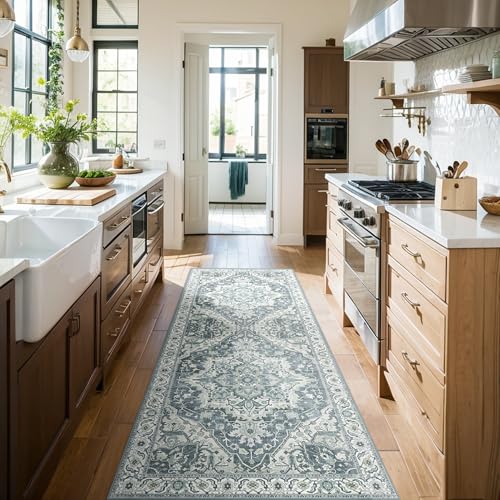 Deerly Vintage Runner Rug 2x6 Hallway Runners Boho Non-Slip Entryway Throw Rug Non-Slip Washable Low-Pile Floor Carpet for Indoor Front Entrance Kitchen Bathroom, Canal Blue/Multi