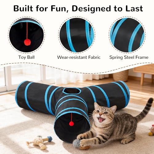 Image of Tempcore Cat Tunnel for Indoor Cats, 3 Way Collapsible Pet Play Tunnel with Teaser Wand, Peek Holes & Hanging Ball, Interactive Tube for Kittens & Rabbits, Black & Blue Large Size