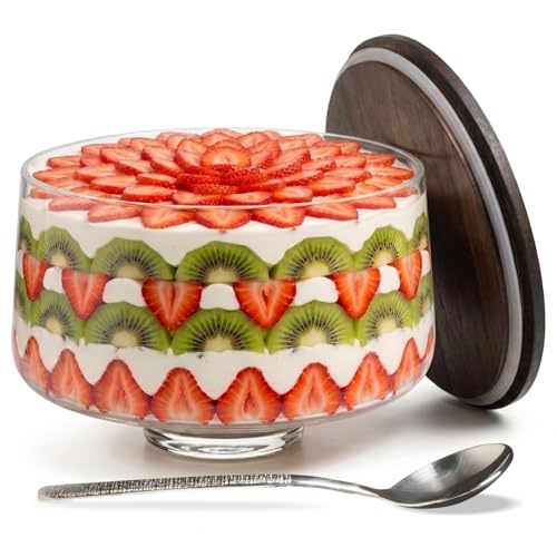 Large Trifle Bowl with Lid Set, 4.8Q (155oz) - Silver Serving Spoon & Acacia Wood Lid - Decorative Glass Mixing Bowl, Trifle Glass With Pedestal - Serving Bowl for Layered Desserts, Fruits, Salads,