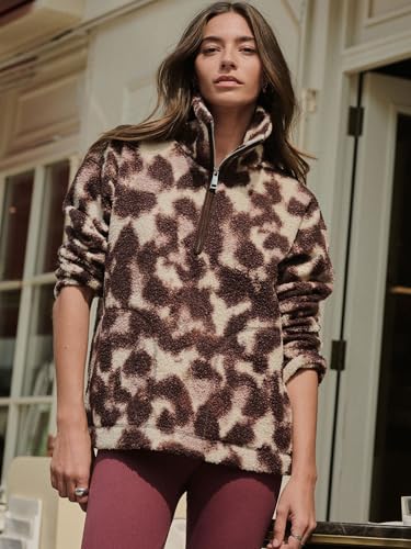 NEXT Damen Teddy-Borgoberteil mit 1/4-Reißverschluss aus 100% recyceltem Polyester Chocolate Brown/Pink Leopard Small