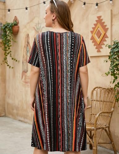 Image of OVERWORETY Womens Short Sleeve Plus Size T-Shirt Dress V Neck Casual Loose Swing A-Line Summer Tunic Dresses with Pockets
