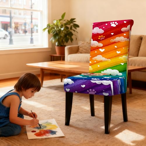 Image of Nuxovilar Rainbow Cloud Paw Print Stretch 23.6x70in 2PCS Chair Covers | Stretch Slipcover Cute Protector Stripe Wrap Seat Guard Dining Room Kids Bedroom Pet Cafe (Rainbow Paw)