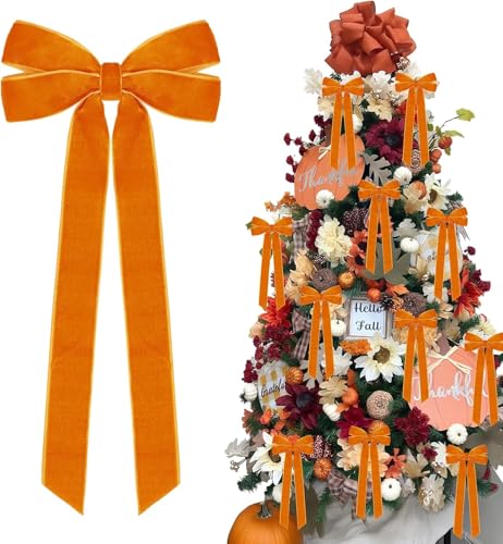 Hongsome 12Pcs Fall Velvet Ribbon Bows Tree Decorations 5in x 10in Orange