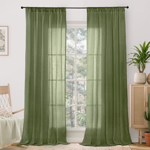 Image of BGment Olive Green Linen Sheer Curtains 84 Inches Long for Living Room | Light Filtering Drapes with Rod Pocket Lightweight Window Treatments for Dining Room Bedroom, 2 Panels, 52 X 84 Inch