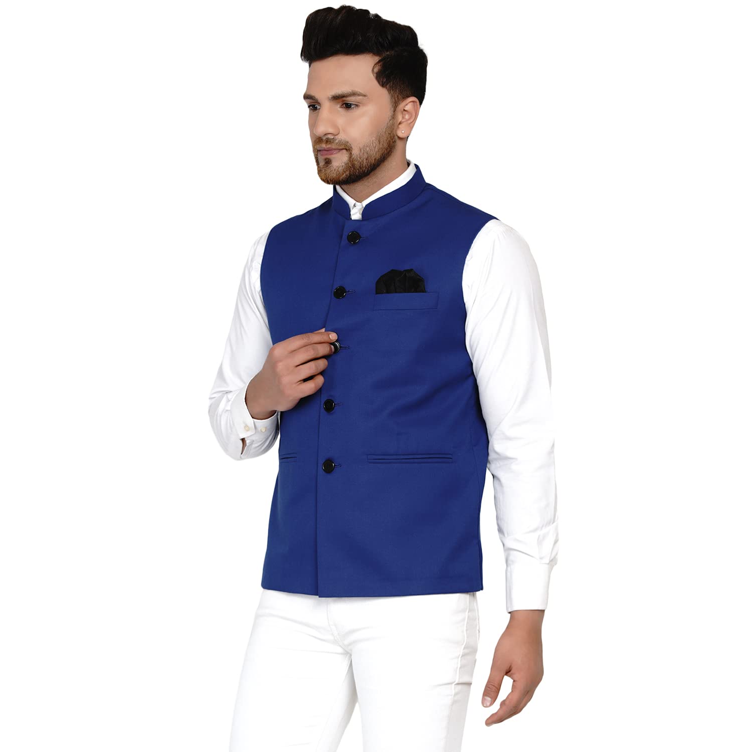 Veera Paridhaan Men's Solid Nehru Jacket (Blue, Size-36) 1