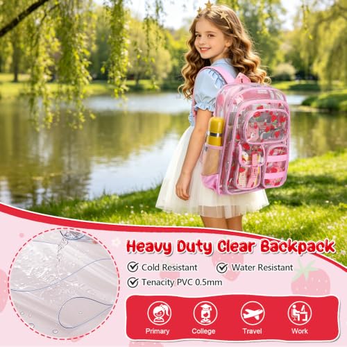 Image of Three-layer Clear Backpack, Heavy Duty Clear Bookbag for Kids, See Through Backpack Transparent Bag for Girls Boys (Strawberry PVC)