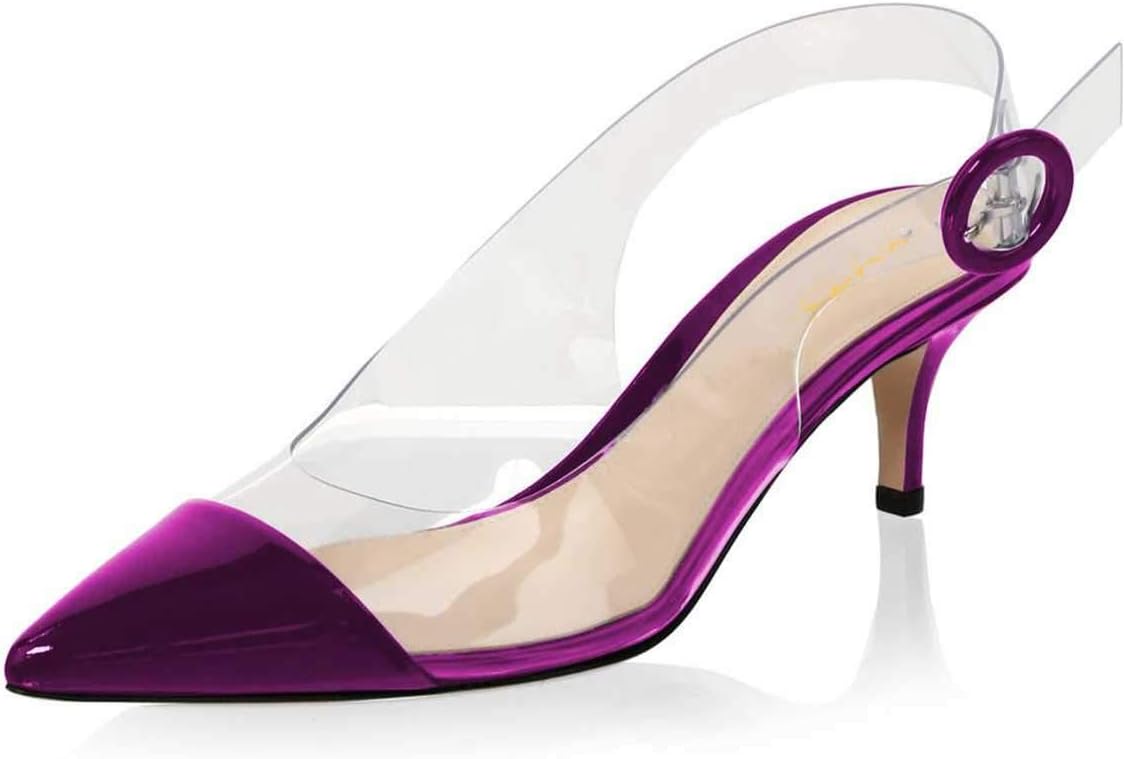 XYD Women Transparent Slingback Mid Kitten Heels Pumps Pointed Toe