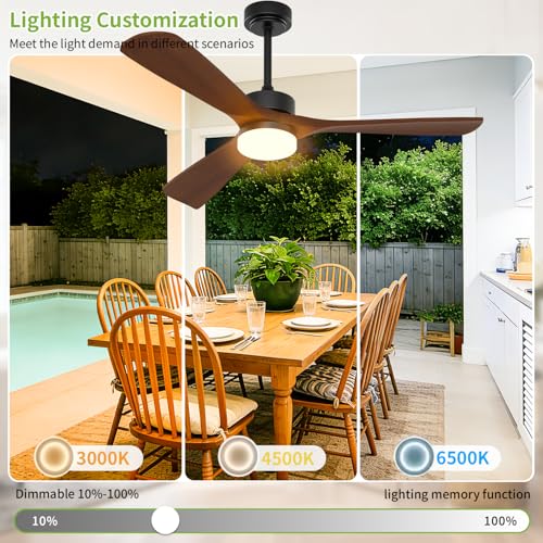 Image of Ceiling Fans with Lights, Solid Wood Blade, 45 W Reversible DC Motor <20 dB Ultra-Quiet for Home Living, 3 CCT, 6 Speeds, 6200 CFM, 52 Inch Suitable for Indoor and Outdoor