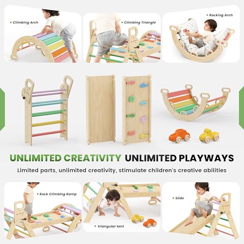 bluewood pikler triangle set with cushion - climbing toys for toddlers 9-in-1 montessori philosophy play jungle gym with arch ramp ladder rainbow