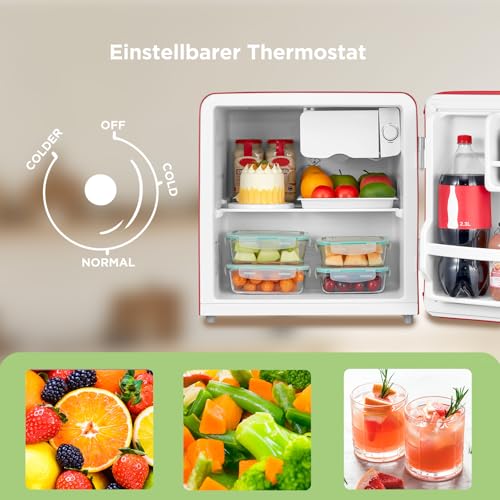 Comfee' RCD50RE2EURT(E) kleiner Kühlschrank, 47 Liter, Retro-Design, Mini-Kühlschrank mit Mono-Tür, einstellbarer Thermostat, leise, geeignet für Zuhause, Büro und Hotel, Rot [Energieklasse E]