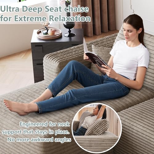 Image of 95 inch Modular Sectional Sofa with Ottoman, Modern Corduroy Cloud Couch with Deep Seat, Boneless Couch Upholstered 3-Seater U-Shaped Sofa for Living Room, No Assembly (Camel,Right-Facing Chaise)