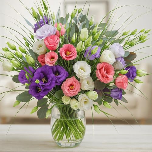 Bunter Blumenstrauß mit 7x verzweigter Lisianthus und Eukalyptus # Strauß inklusive Grußkarte # Blumen zum Geburtstag versenden