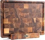 B4K Billot de Cuisine en Bois de Bout avec Support en Noyer Massif – Planche à Découper Antibactérienne Premium avec Rigole à Jus et Pieds Antidérapants (40L x 30l cm)