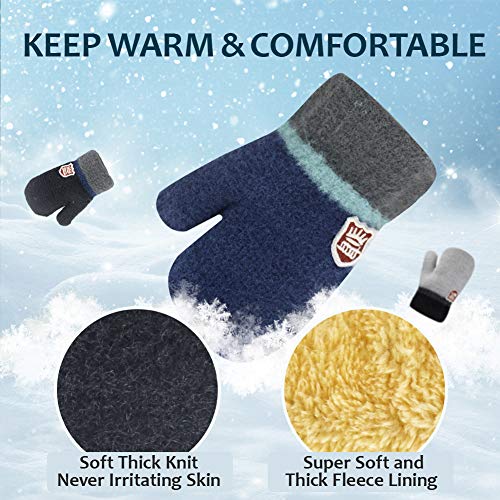 Gerlobal 3 Pairs Toddler Gloves Winter Mittens for Baby Boys Girls, Kids Warm Fleece Lined Knit Mittens with String (Black/Grey/Navy, 0-3 Years) - Thumbnail 4