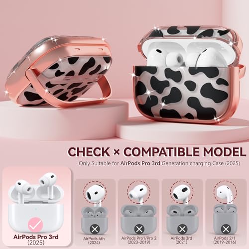 Image of Inesore for AirPods Pro 3 Case Cover 2025 with Lock-Black+Gold Cow Print | Two-Piece Design,with Gold Keychain & Clean Pen, As Phone Stand,Support Wireless Charging,Cute Luxury Case for Women Girly