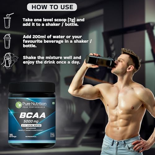 Image of Pure Nutrition BCAA Powder 2:1:1 | 5000mg Branched Chain Amino Acids | Sugar-Free Pre & Intra Workout Supplement | Muscle Recovery & Endurance | Unflavored | 250g (35 Servings)