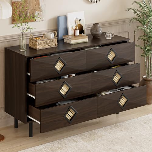 Rosebibi Elegante tocador de 6 cajones con mango de ratán, para dormitorio y sala de estar, práctico espacio de almacenamiento y estabilidad, perfecto para tu hogar