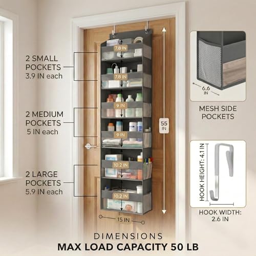 Image of HOMELUX THEORY UPGRADED 6 Tiers Over The Door Organizer Hanging - 100D EXTRA THICK & 50lbs HUGE CAPACITY, 12 Side Mesh Pockets Over The Door Shoe Organizer, Hanging Closet Organizer (Dark Gray, 1pc)