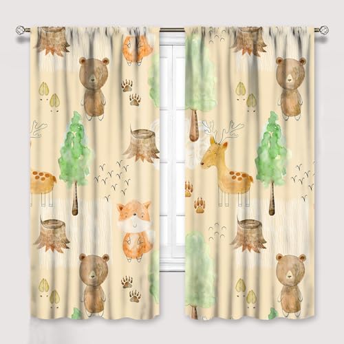 Rustic Animal Curtains, Wild Forest Animal Bear Fox Deer Kids Window Treatments for Living Room Bedroom, Farmhouse Woodland Blackout Drapes 2 Panel Sets, 72x63 Inch