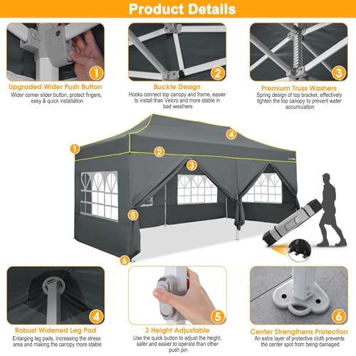 Image of HOTEEL 10x20 Heavy Duty Pop Up Canopy Tent with Sidewalls, Commercial Outdoor Canopy Tents for Parties Event Wedding with Roller Bag, Waterproof & UV 50+, Upgraded Thickened Hexagonal Legs, Gray