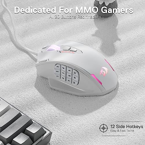 Image of Redragon M908 Impact RGB LED MMO Gaming Mouse with 12 Side Buttons, Optical Wired Ergonomic Mouse with Max 12,400DPI, High Precision, 18 Programmable Macro Shortcuts, Comfort Grip, White
