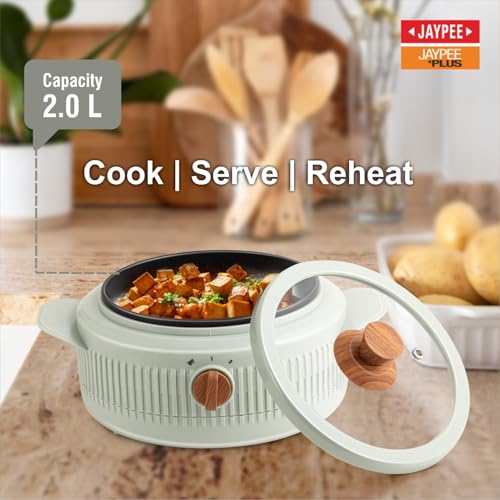 Image of Jaypee Plus Electric CookSmart Casserole with Teflon NonStick Coating Bowl for Reheating & Cooking, Serving Casserole Wooden Finish Lid & Regulator Knob Toughened Glass Lid, 2000 ml, Blue