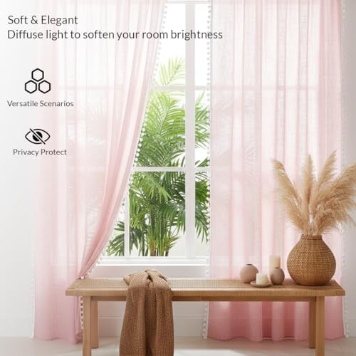 Image of HOMEMONDE Sheer Curtains with Decorative Side Border Pompom Curtain for Customize, Linen Textured Light Filtering, Rod Pocket, 1 Piece - Pink