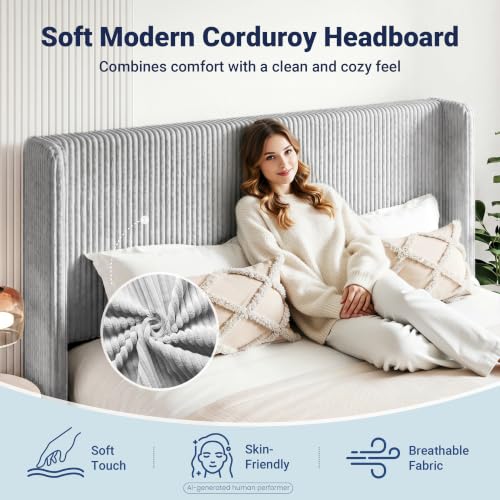 Image of Allewie King Lift-Up Storage Bed Frame, Corduroy Wingback Headboard, Grey