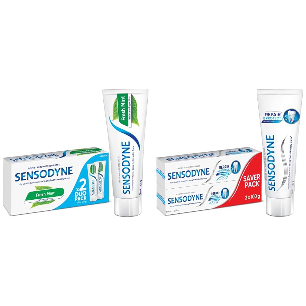 sensodyne toothpaste fresh mint|daily sensitivity relief tooth paste combo pack - 250gm (125gm x 2) | dentist recommended | everyday use paste, fresh breath, fights tooth decay, maintain healthy gums