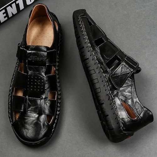 Men's Hook Loop Closed Toe Fisherman Sandals,Fashion Hand Stitching Leather Outdoor Hiking Waterproof Athletic Sandals Summer Beach Shoes4