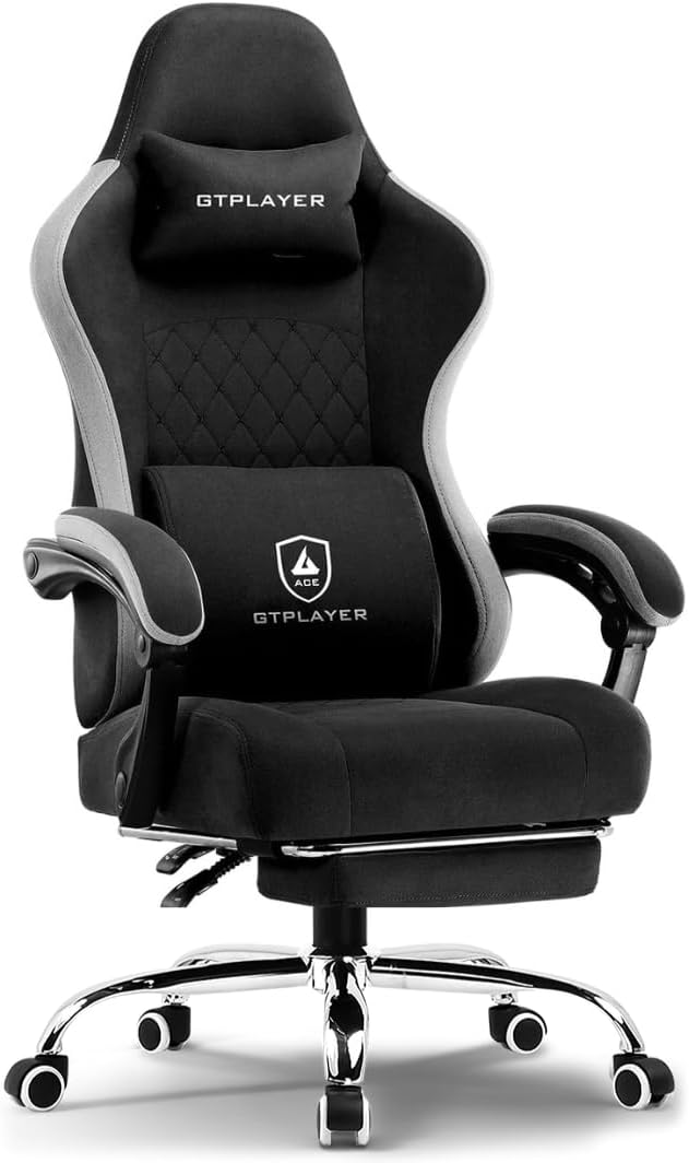 GTPLAYER Ergonomic Gaming Chair with Lumbar Cushion & Footrest, Premium Fabric, Office Chair for Work, Study Chair with Linked Armrests, Adjustable Headrest, 1 Year Warranty (Black)