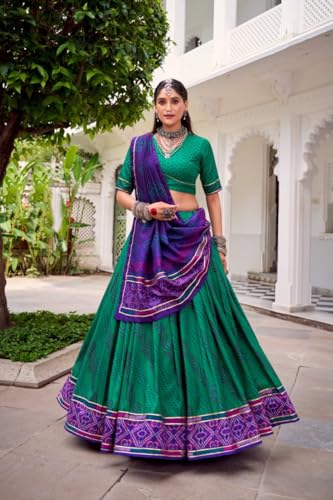 Women’s Green Purple Lehenga Choli with Dupatta, Dolla Silk Navratri Chaniya Choli for Women, Garba Dress, Par