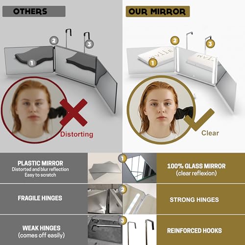 Miniatura 3 de Espejo 360 Grados Para Mujer Con Led Peinado Y Corte De Cabello Altura Ajustable Con Ganchos 3 Caras Plegables Accesorio Para Cabello Largo Y Mediano Espejo Tríptico Iluminado