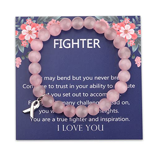 Image of Breast Cancer Awareness Bracelet Pink Rhinestone Ribbon Charm Beads Bracelet Breast Cancer Support Gift (pink FIGHT br)