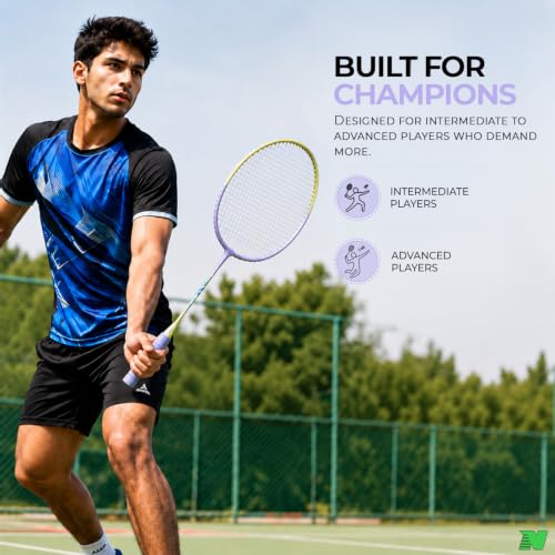 Image of Wide Body Aluminium Badminton Racket Set of 2 for Men & Women | Racquets with High Tension Strings | Indoor & Outdoor Racket with Carry Bag (Purple & Yellow)